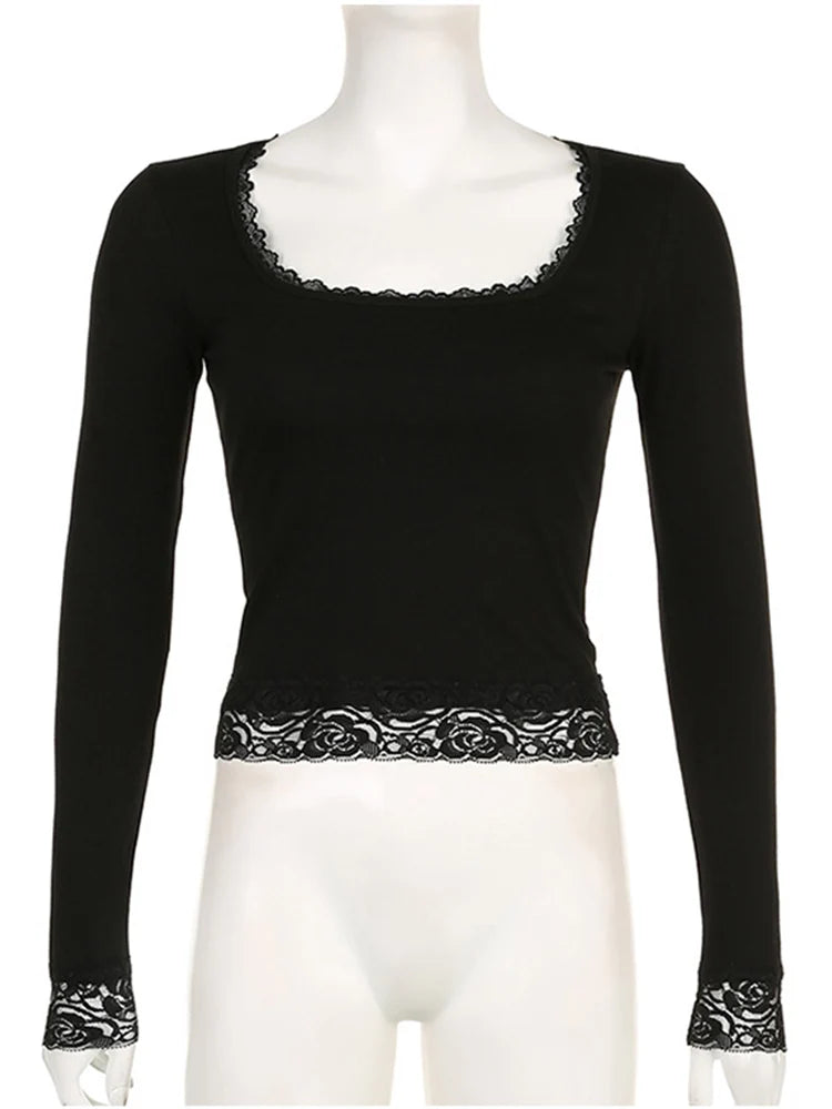 2000S Graphic T Shirt Vintage Fairy Grunge Women Autumn Lace Trim Long Sleeve Slim Fits Tops Y2K Clothes Basic Harajuku Tees