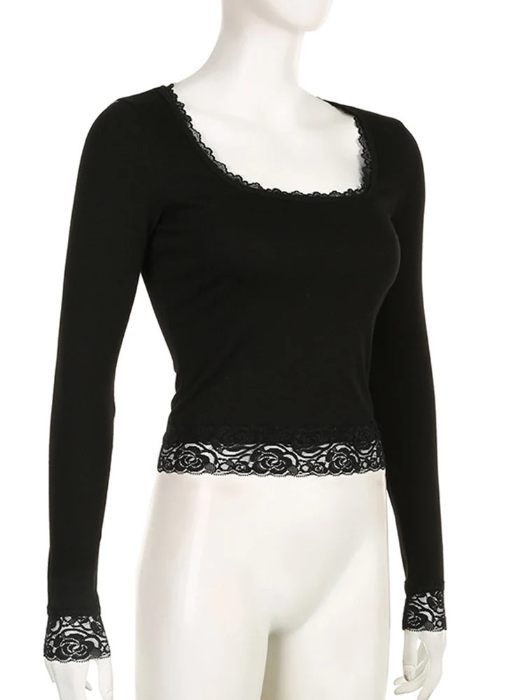 2000S Graphic T Shirt Vintage Fairy Grunge Women Autumn Lace Trim Long Sleeve Slim Fits Tops Y2K Clothes Basic Harajuku Tees